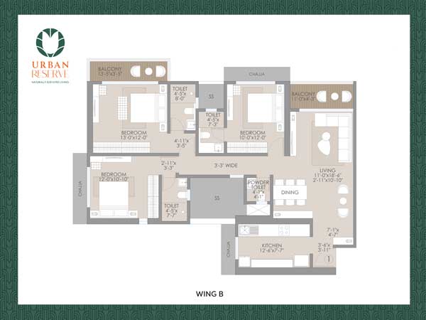 3 BHK unit 1 floor plan